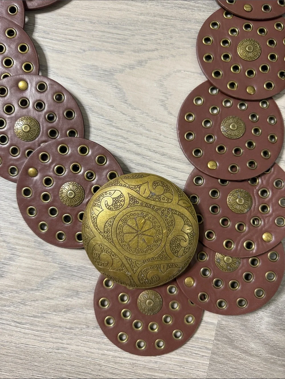 Round Disc Brown Leather Statement Belt with Ornate Gold-Tone Buckle